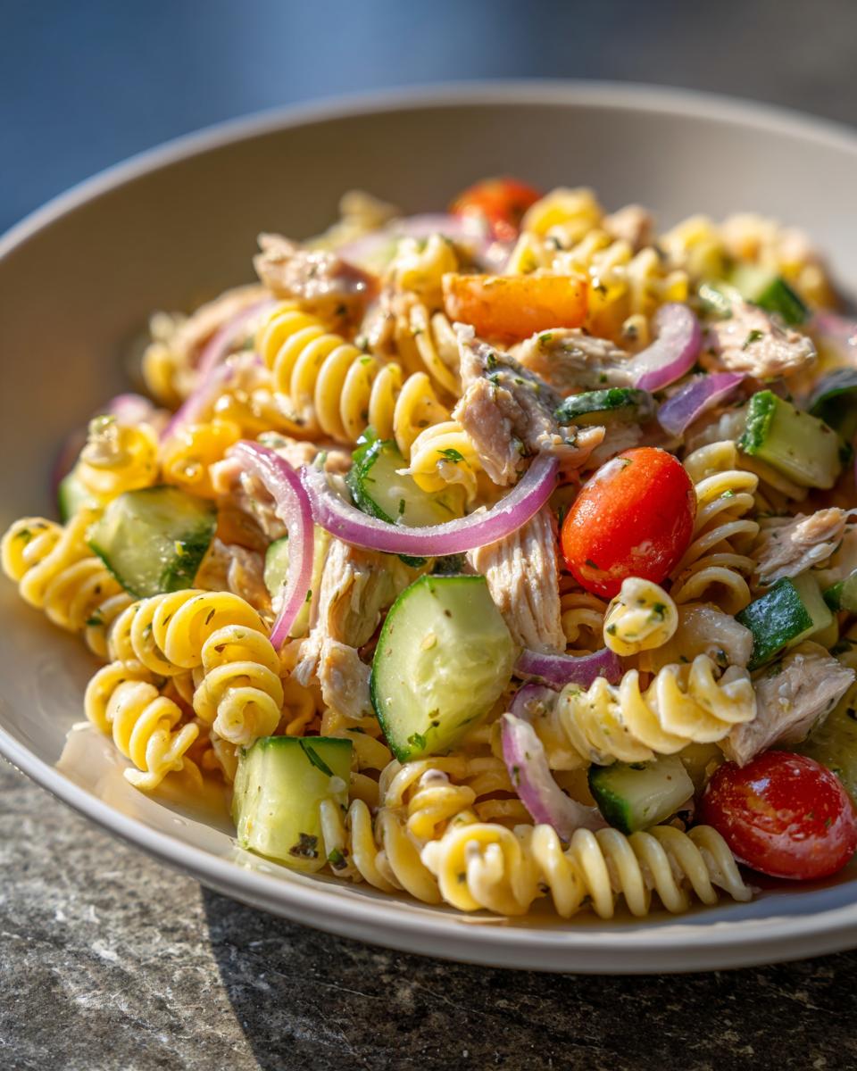 Amazing pasta salad and chicken in 30 minutes 5 Close-up of a pasta salad and chicken with tomatoes, cucumber, and red onion.
