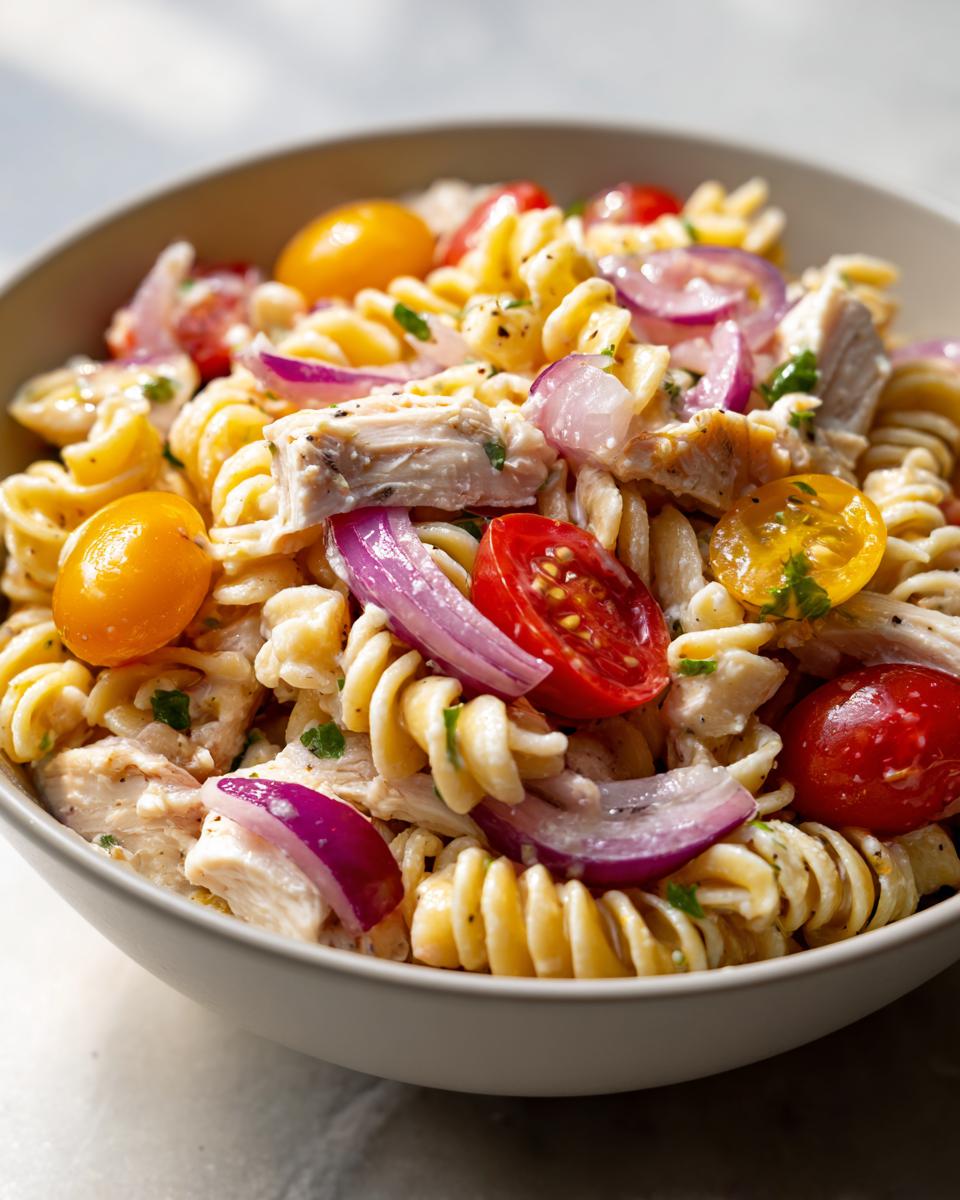 Close-up of a bowl of pasta salad and chicken with tomatoes and red onion.