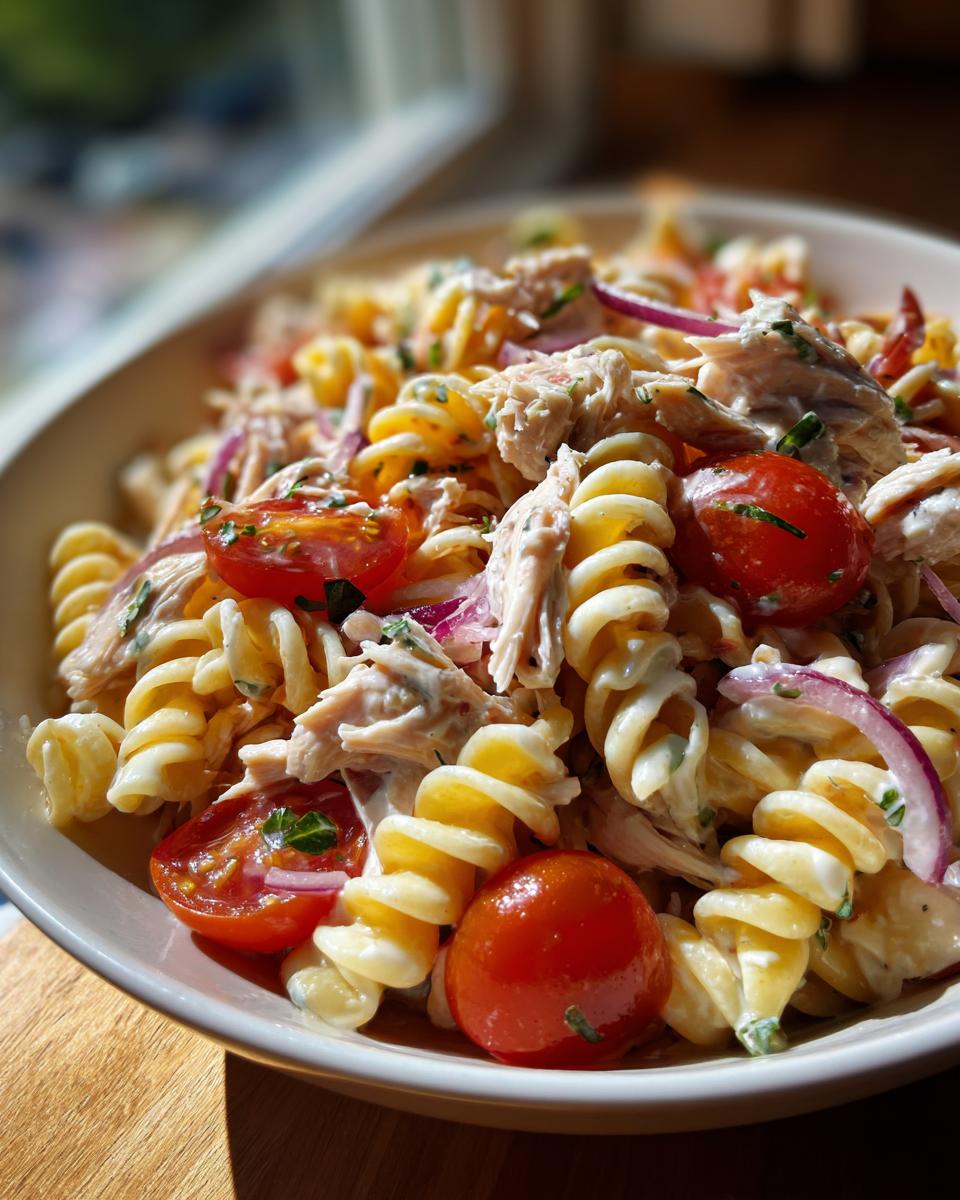 Close-up of a bowl of pasta salad and chicken with tomatoes and red onion.