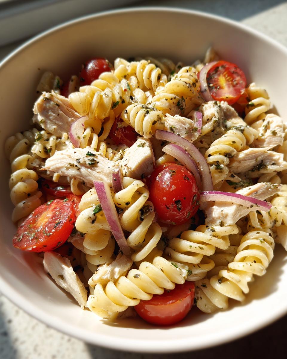 Close-up of a bowl of pasta salad and chicken with tomatoes and red onion.