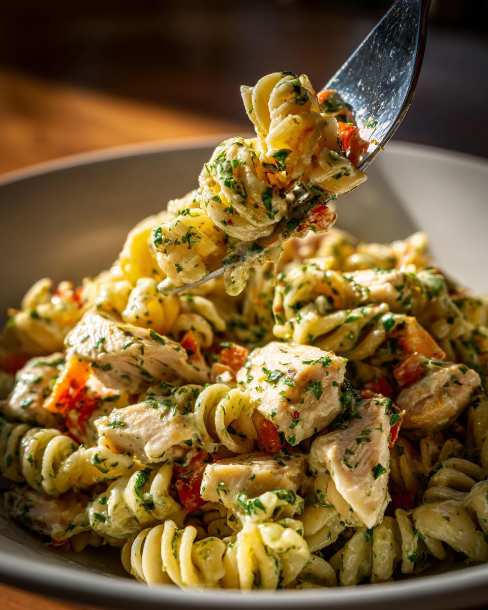 Amazing pasta salad and chicken: 30 min 7 Close-up of pasta salad and chicken with a forkful being lifted from the bowl.