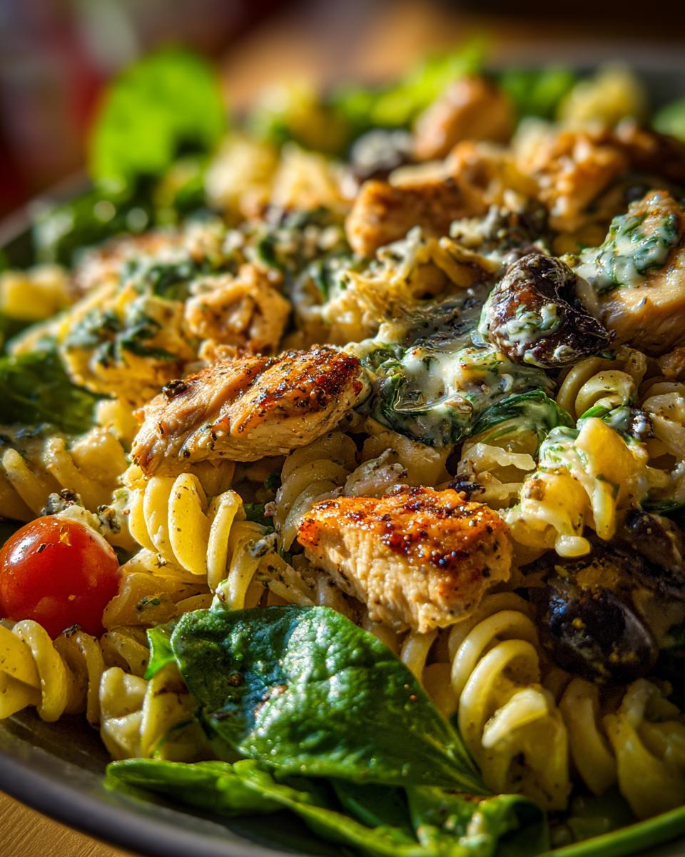 Amazing Pasta Salad and Chicken: 1 Quick Recipe 7 Close-up of a pasta salad and chicken dish with rotini pasta, grilled chicken, spinach, and tomatoes.