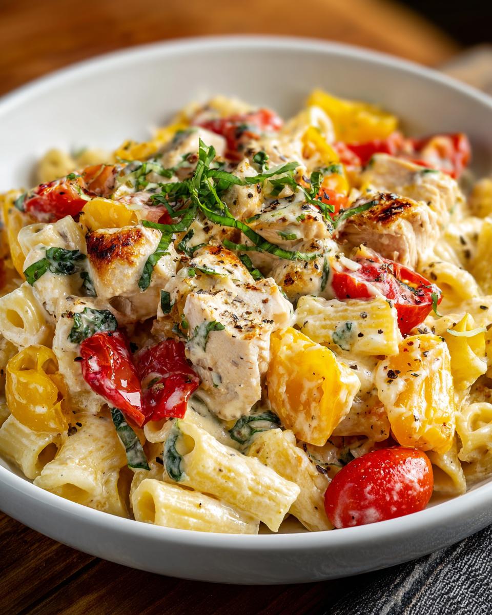 Amazing pasta salad and chicken in 30 mins 3 Close-up of a creamy pasta salad and chicken with tomatoes and fresh herbs, the perfect pasta salad and chicken.
