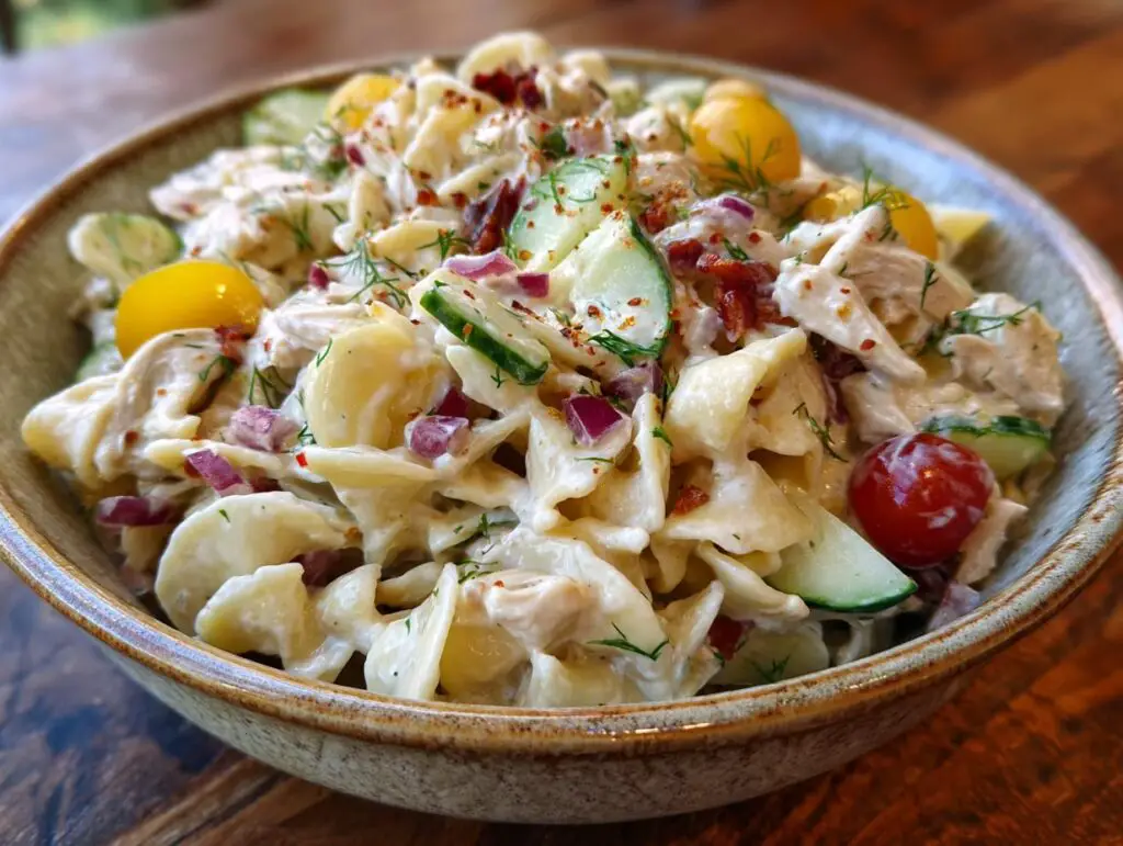 Close-up of a creamy pasta salad and chicken with tomatoes, cucumbers, and red onion.