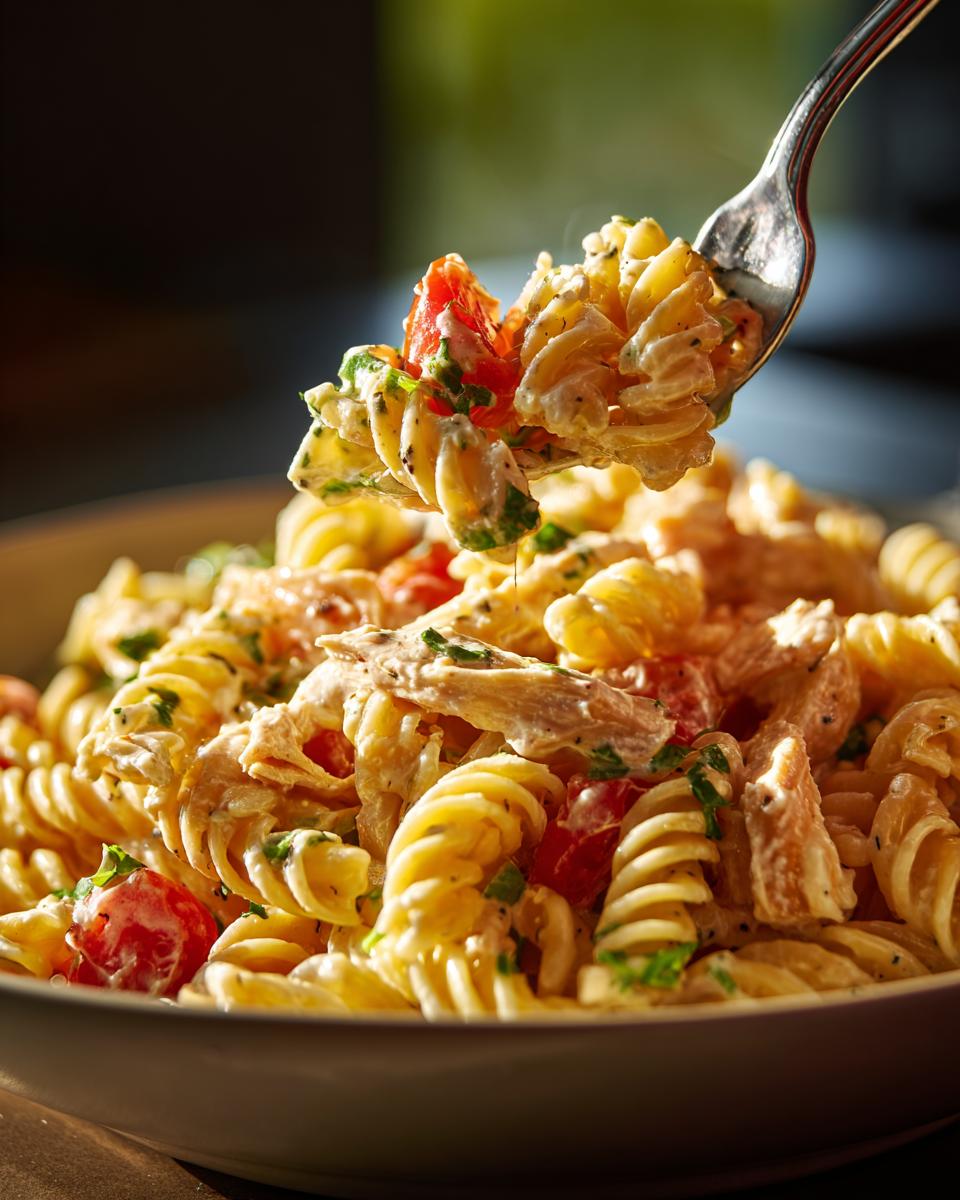 Amazing pasta salad and chicken: 30 min 10 Close-up of pasta salad and chicken with tomatoes and herbs on a fork, ready to eat. This pasta salad and chicken is delicious!