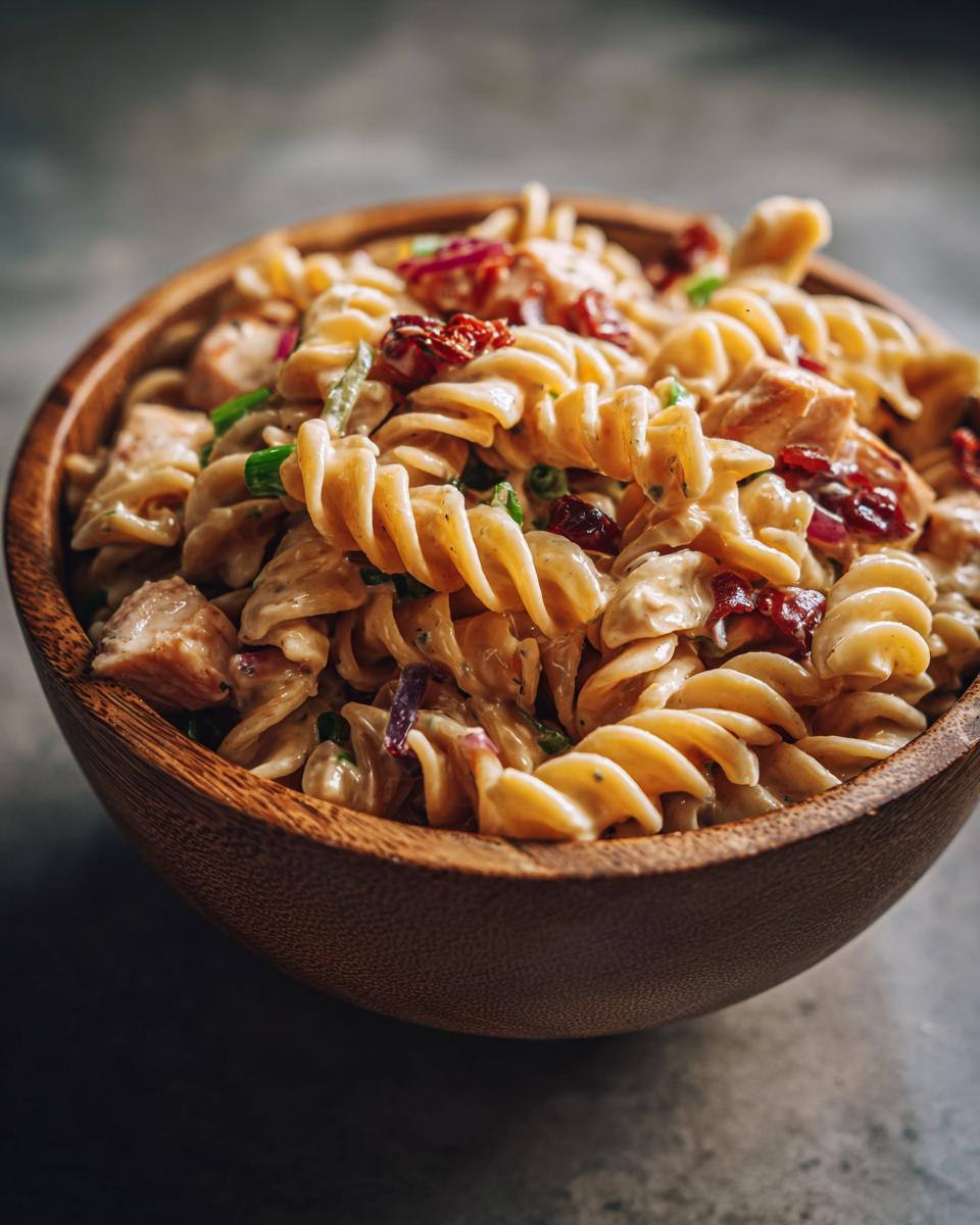 Amazing pasta salad and chicken in 30 mins 2 Close-up of pasta salad and chicken in a wooden bowl, showing fusilli pasta, chicken pieces, and vegetables.