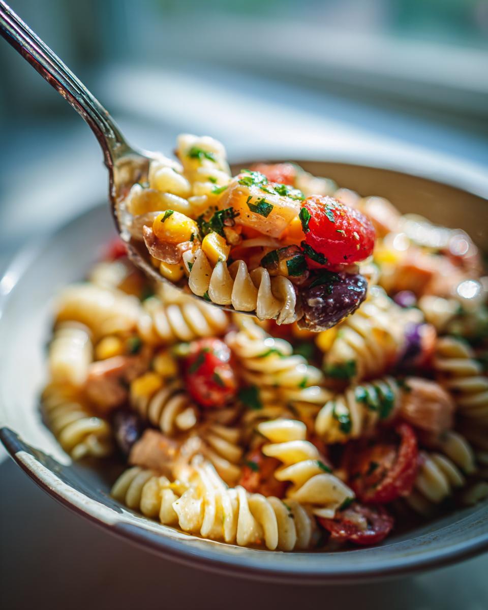 Amazing Pasta Salad and Chicken: 1 Quick Recipe 10 Close-up of pasta salad and chicken on a spoon, showing ingredients like tomatoes and corn. The pasta salad and chicken is delicious.