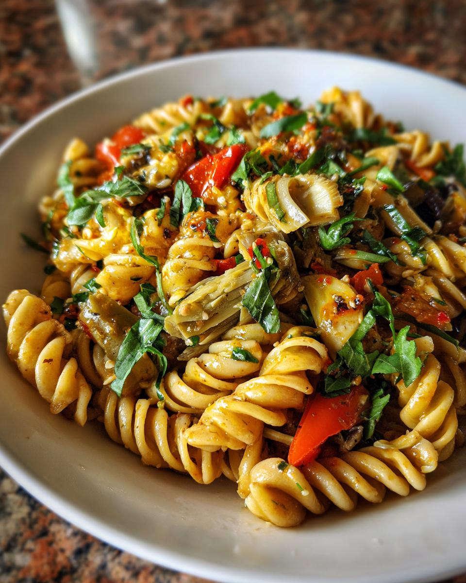Amazing pasta salad artichoke: 1 zesty recipe 10 Close-up of a pasta salad artichoke with fresh basil and red peppers.