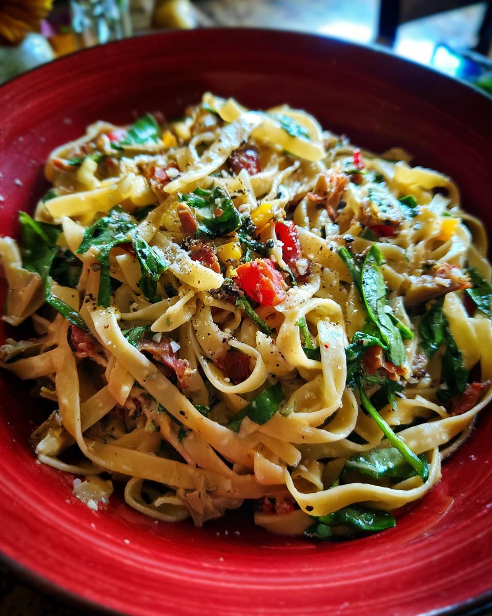 Amazing pasta salad artichoke: 1 zesty recipe 8 Close-up of pasta salad artichoke with fresh spinach, tomatoes, and herbs in a red bowl.