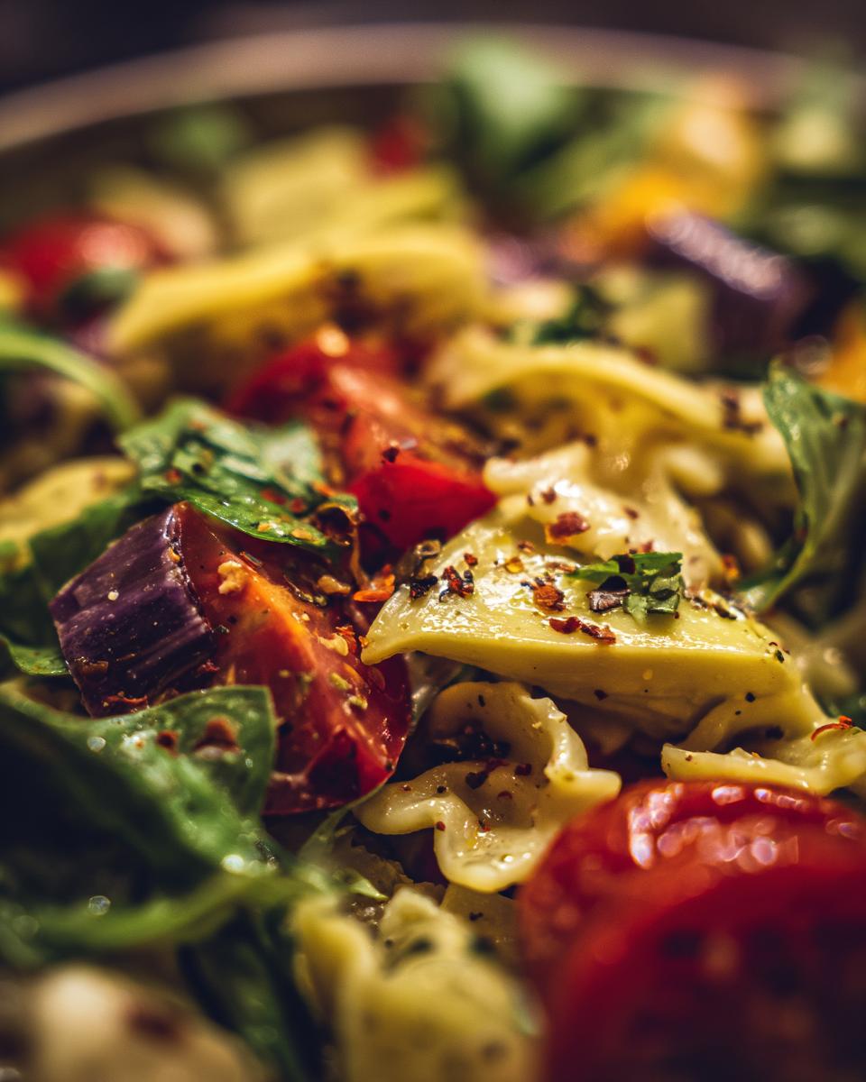 Amazing pasta salad artichoke: 1 zesty recipe 9 Close-up of pasta salad artichoke with tomatoes, basil, and seasonings.