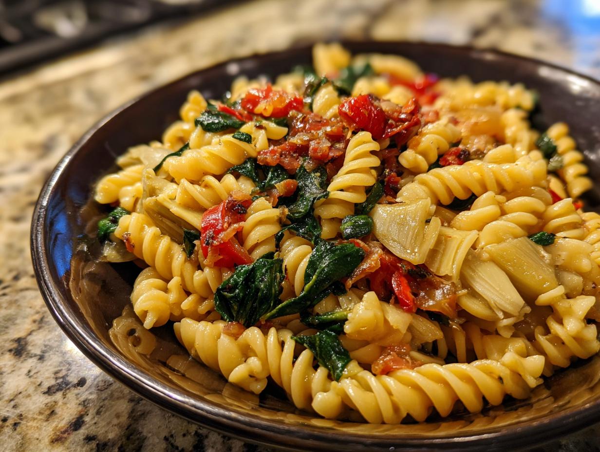 Amazing pasta salad artichoke: 1 zesty recipe 6 Close-up of pasta salad artichoke with fusilli pasta, artichoke hearts, spinach, and tomatoes.