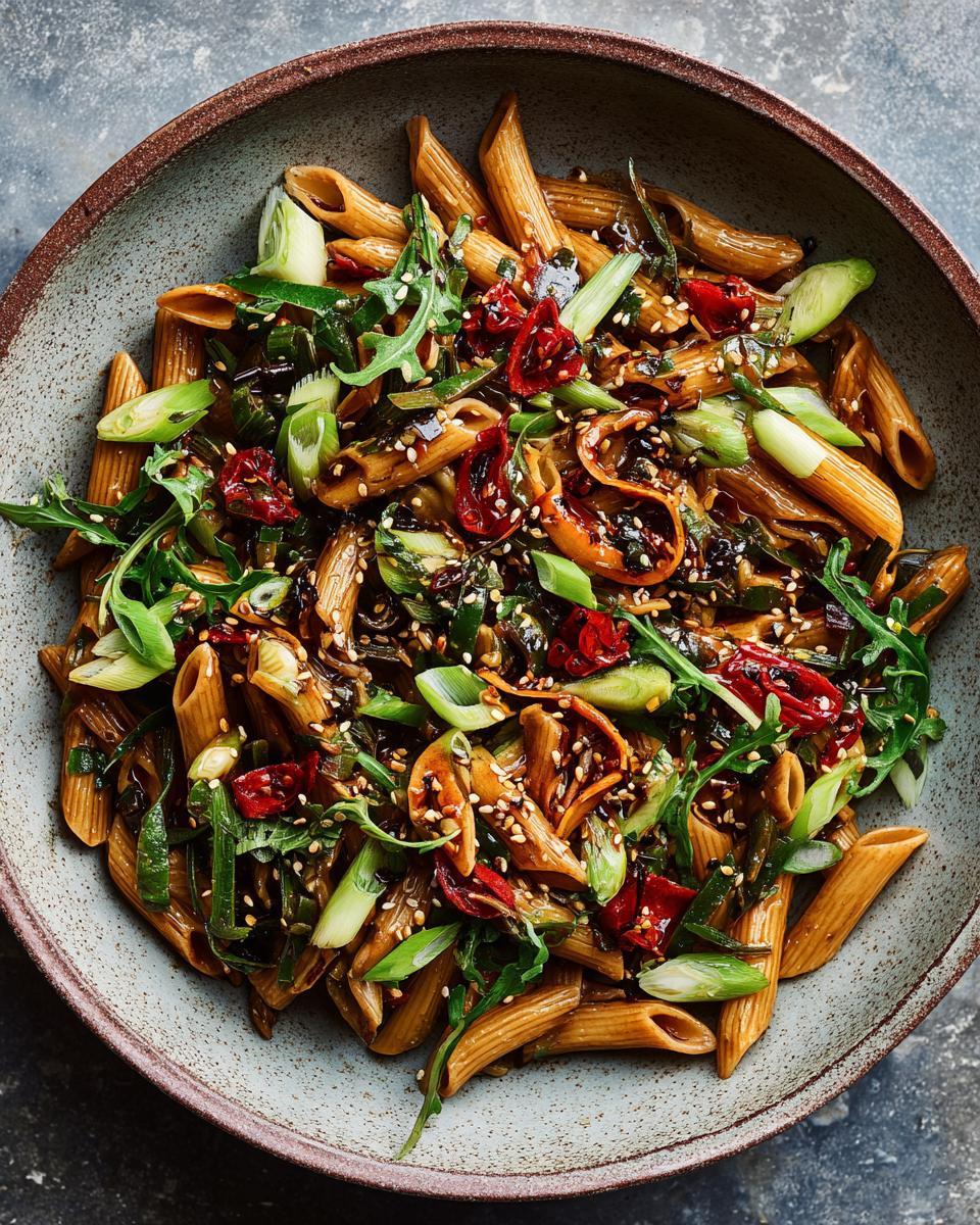 Amazing Asian Pasta Salad: 1 Delicious Recipe 2 Overhead shot of a bowl of pasta salad asian with vegetables and sesame seeds.