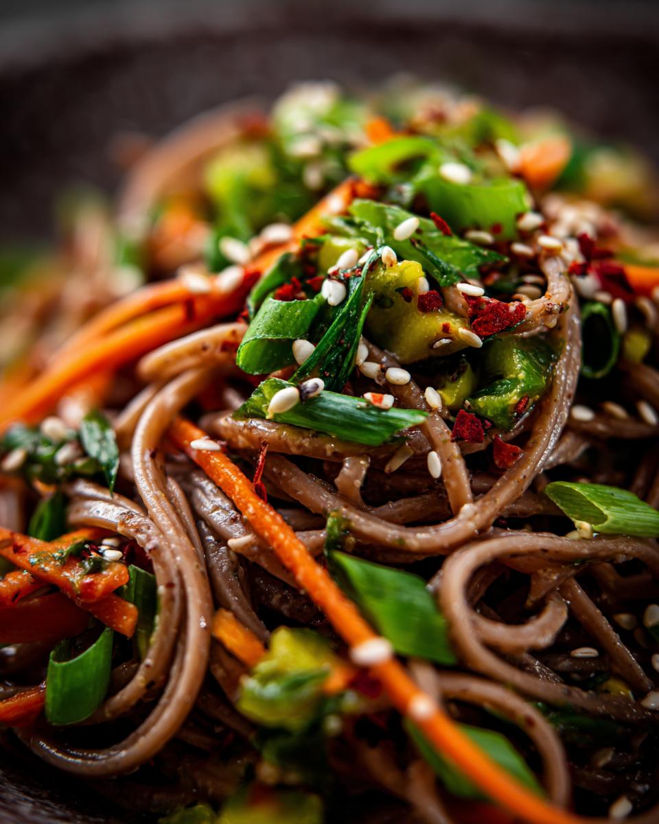 Amazing pasta salad asian: 25 minute delight 3 Close-up of a colorful Asian pasta salad with noodles, carrots, and green onions. This is a delicious pasta salad asian.