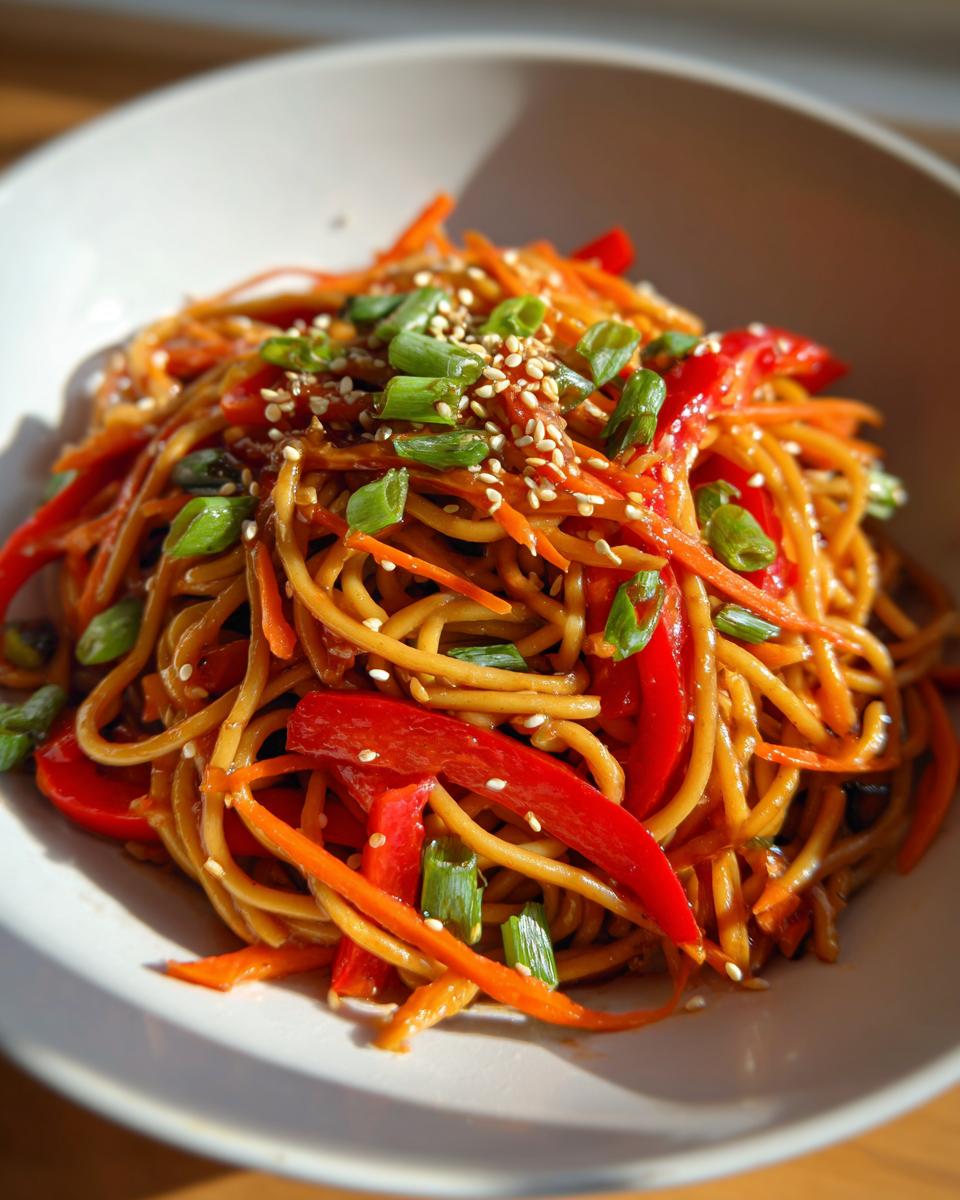 Amazing pasta salad asian: 30 minute flavor blast 3 Close-up of a bowl of Asian pasta salad with noodles, carrots, red peppers, and sesame seeds.