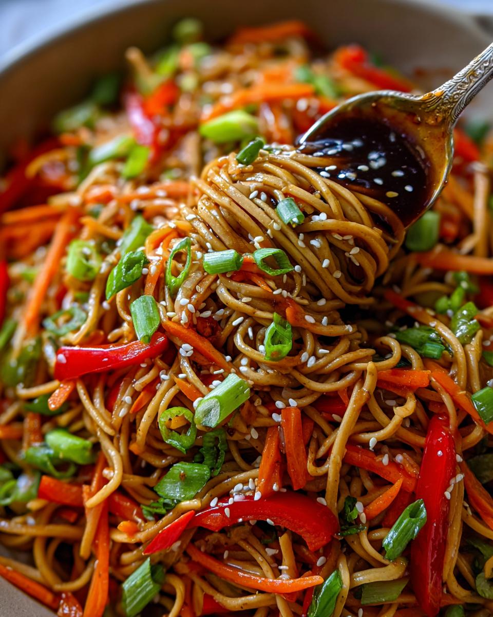 Amazing pasta salad asian: 30 minute flavor blast 2 Close-up of Asian pasta salad with noodles, carrots, red bell peppers, and sesame seeds. This is a delicious pasta salad asian recipe.