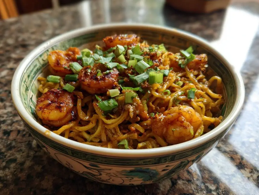 Close-up of Asian pasta salad with grilled shrimp, green onions, and noodles. This is a delicious pasta salad asian.