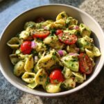 Close-up of a bowl of pasta salad avocado with cherry tomatoes and red onion.