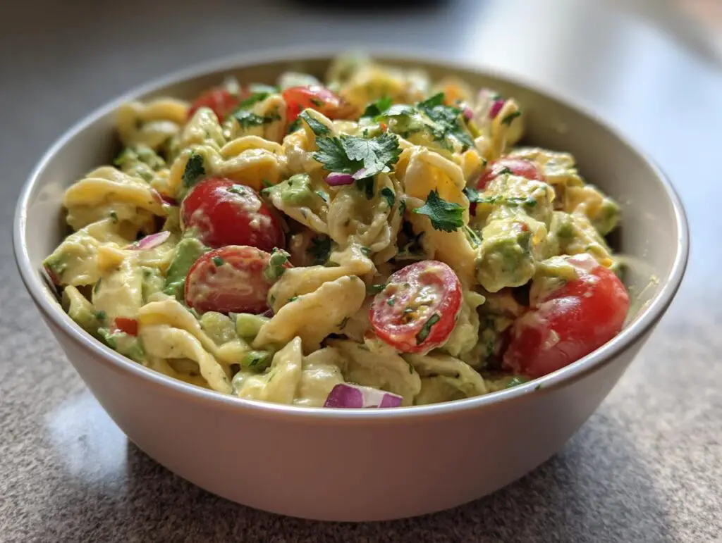 A vibrant bowl of pasta salad avocado with tomatoes, red onion, and herbs.