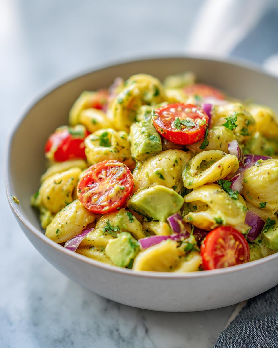 Close-up of a bowl of pasta salad avocado with tomatoes and red onion.