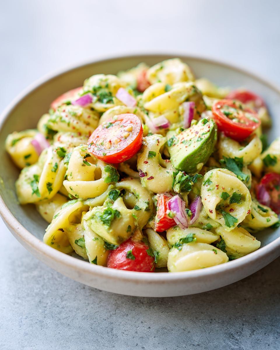 Close-up of a pasta salad avocado in a bowl with tomatoes and red onion.