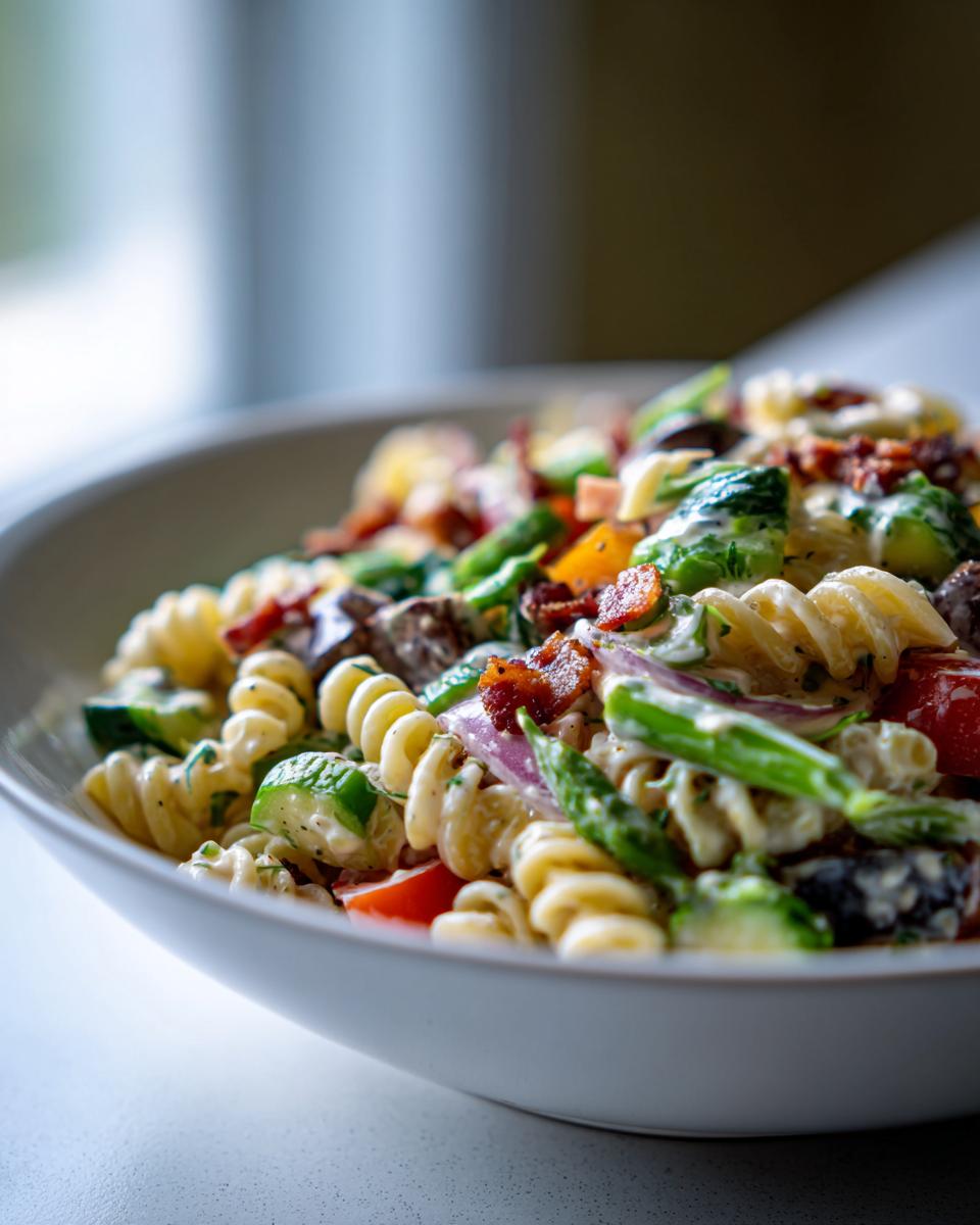 Close-up of a bowl of pasta salad bacon with vegetables and creamy dressing.