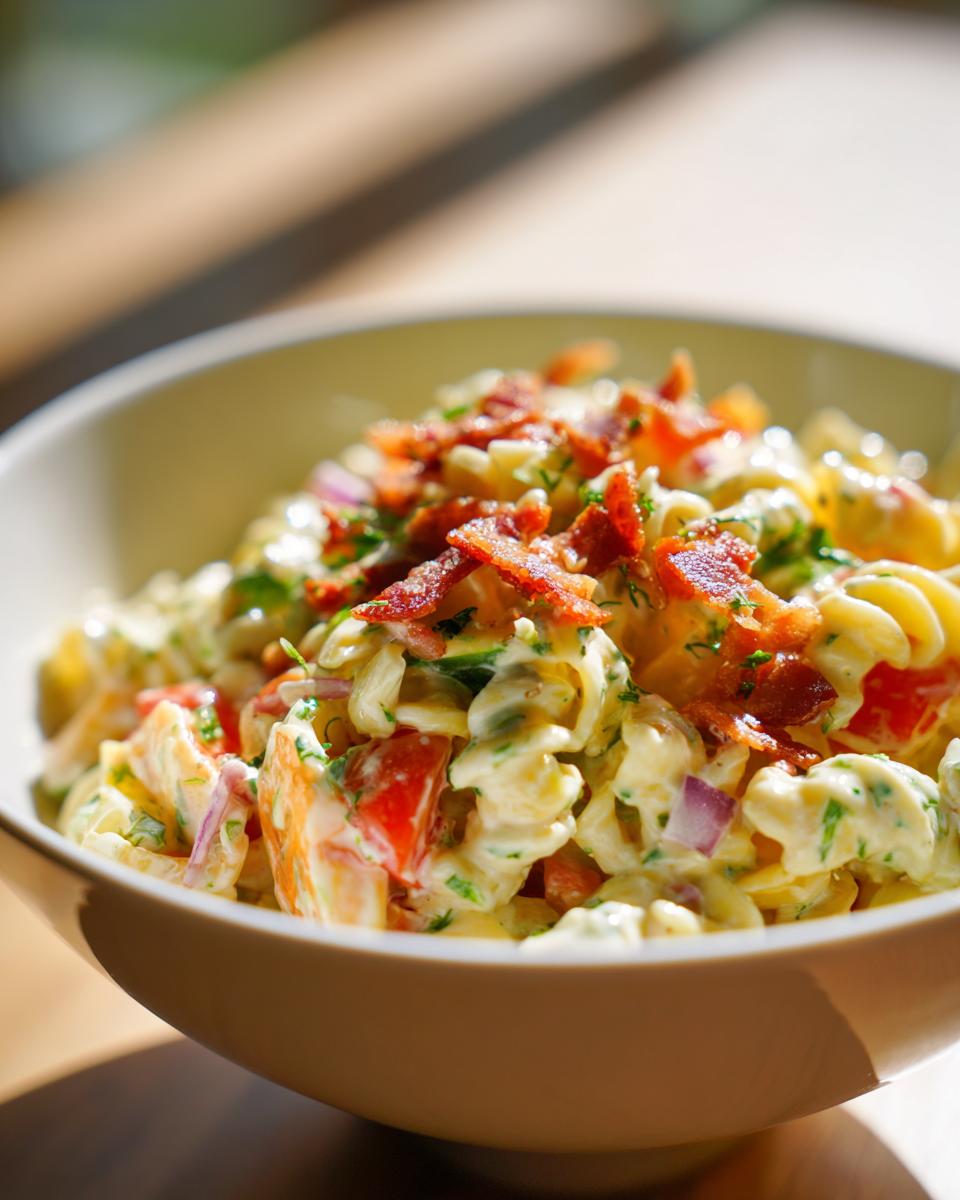 Close-up of a bowl of pasta salad bacon with tomatoes, red onion, and herbs.