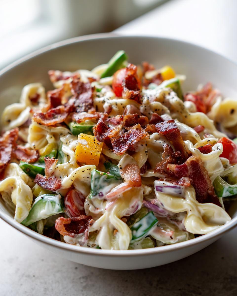 Close-up of a bowl of creamy pasta salad bacon with vegetables and crispy bacon.