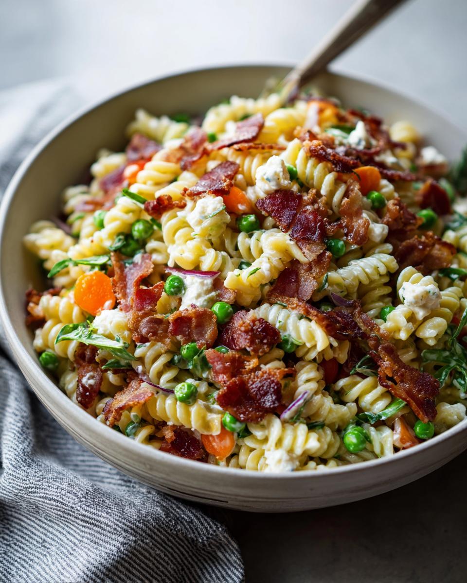 Close-up of pasta salad bacon in a bowl, with rotini pasta, peas, carrots, and crispy bacon.