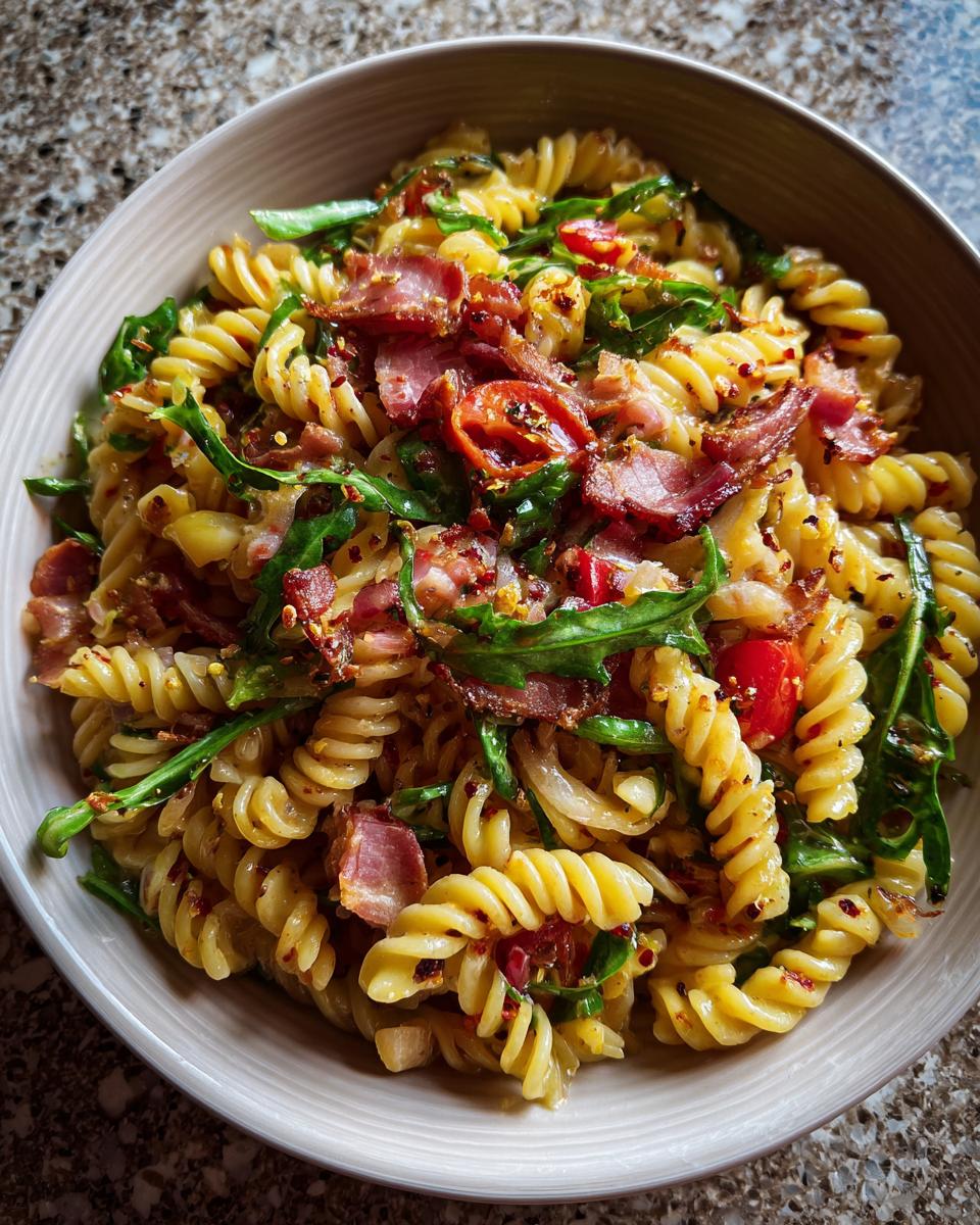 Overhead shot of a delicious pasta salad bacon with fusilli pasta, crispy bacon, and fresh greens.
