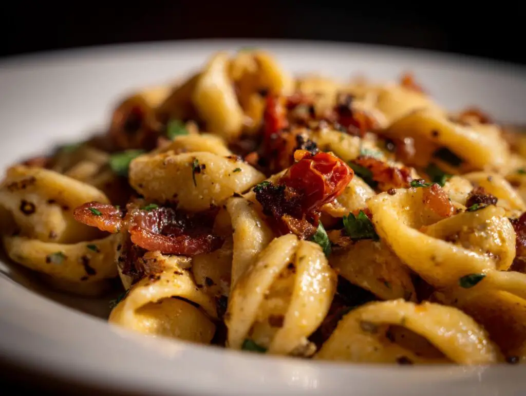 Close-up of pasta salad bacon with pasta, bacon, and herbs on a white plate.