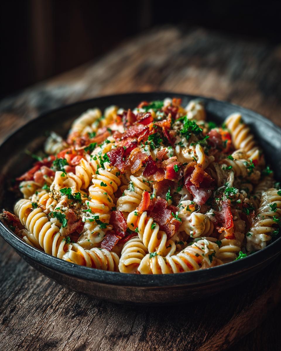 Close-up of creamy pasta salad bacon in a bowl, garnished with parsley.