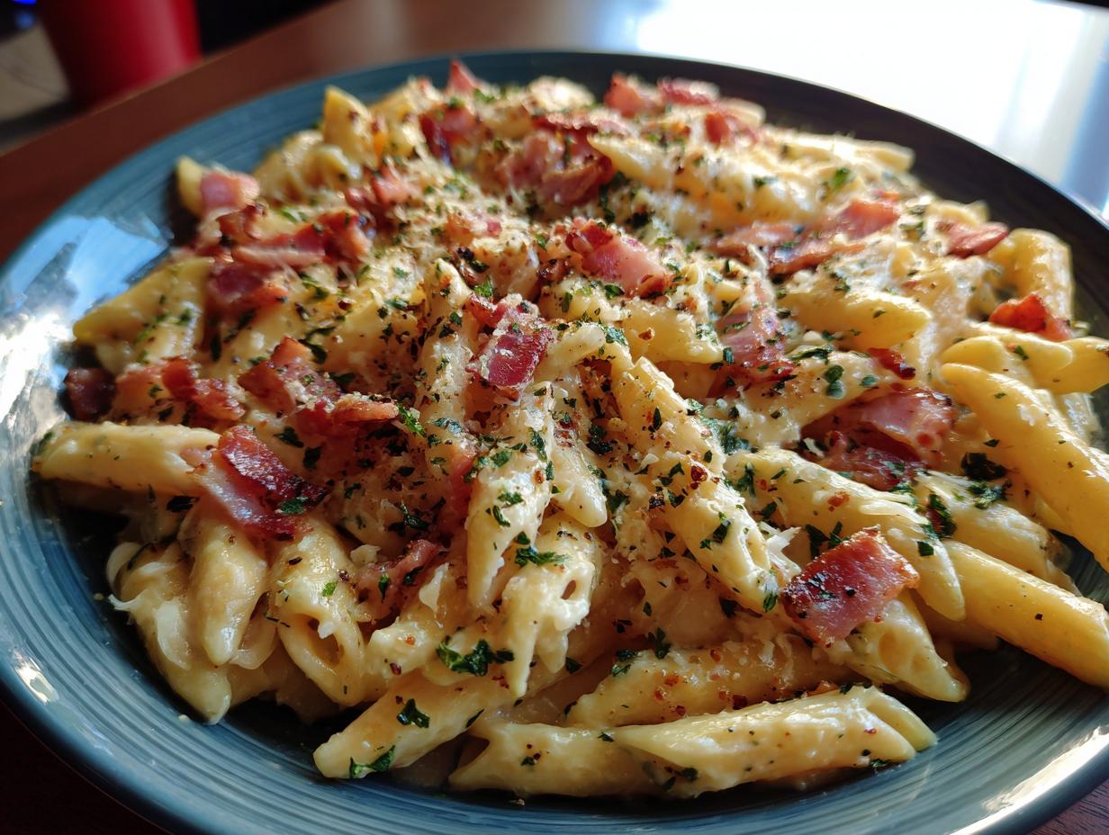 Close-up of a creamy pasta salad with bacon, herbs and cheese.