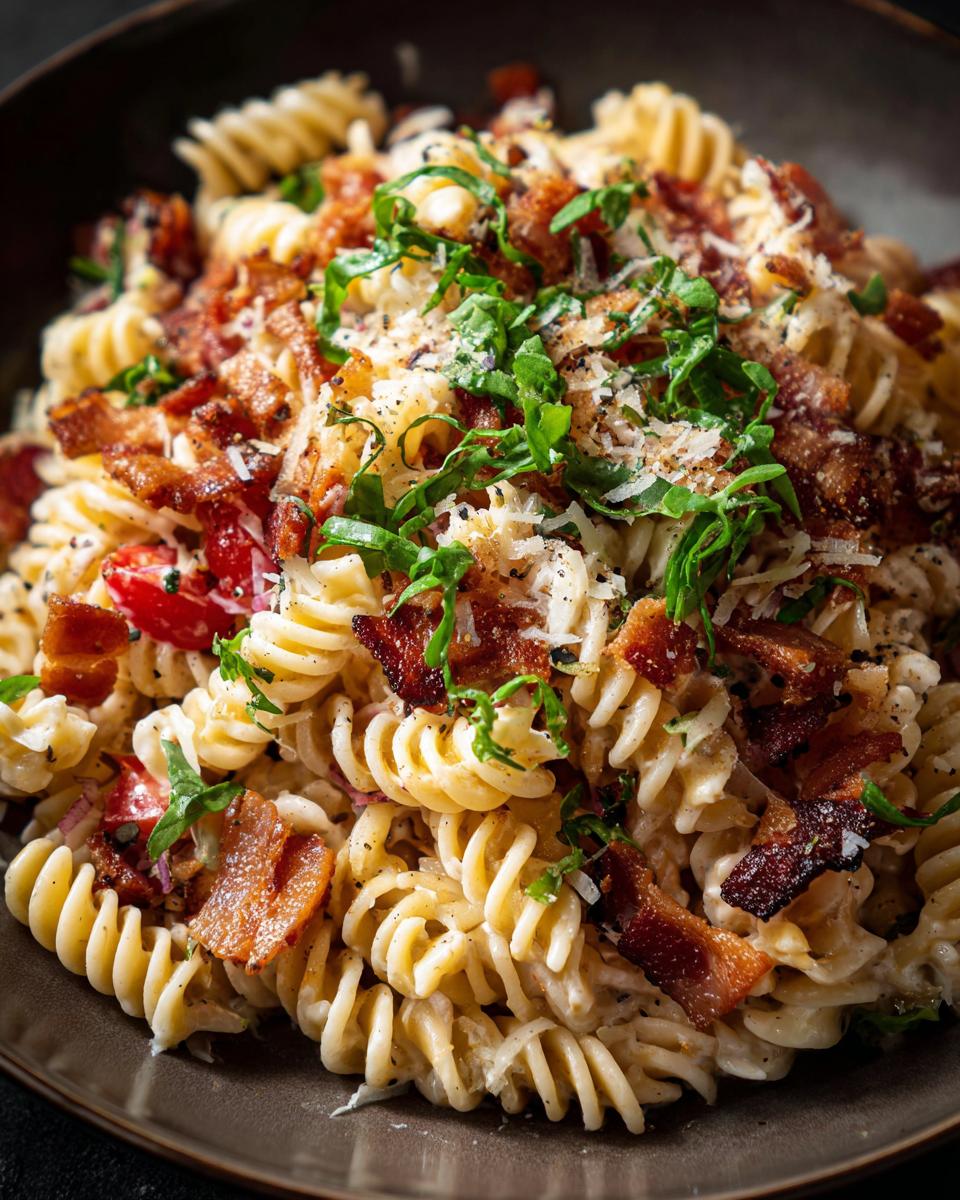 Close-up of creamy pasta salad bacon with crispy bacon, herbs, and parmesan cheese.