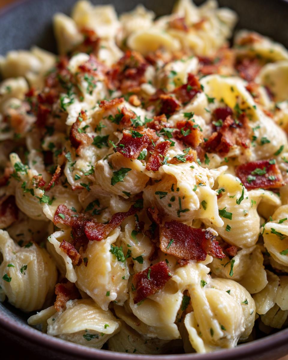 Close-up of creamy pasta salad bacon, showing pasta shells, crispy bacon, and parsley.