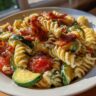 Close-up of pasta salad bacon with fusilli pasta, crispy bacon, zucchini, and tomatoes. The perfect pasta salad bacon recipe.