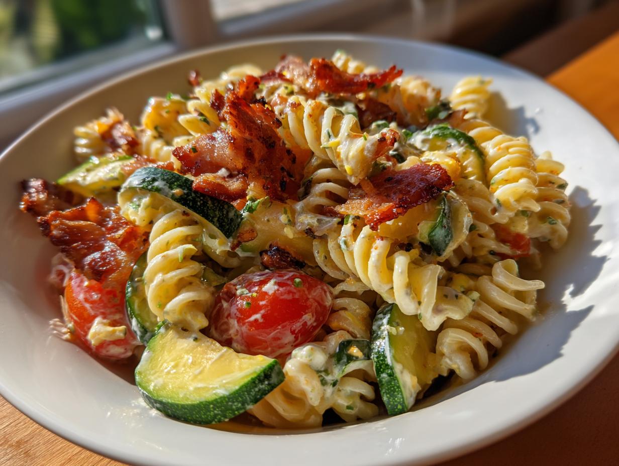 Close-up of pasta salad bacon with fusilli pasta, crispy bacon, zucchini, and tomatoes. The perfect pasta salad bacon recipe.