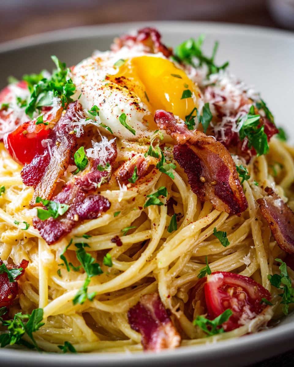 Close-up of pasta salad bacon with a fried egg, bacon, tomatoes, and herbs.