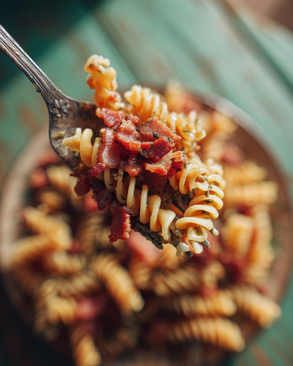 Close-up of pasta salad bacon on a fork, showing rotini pasta and crispy bacon.