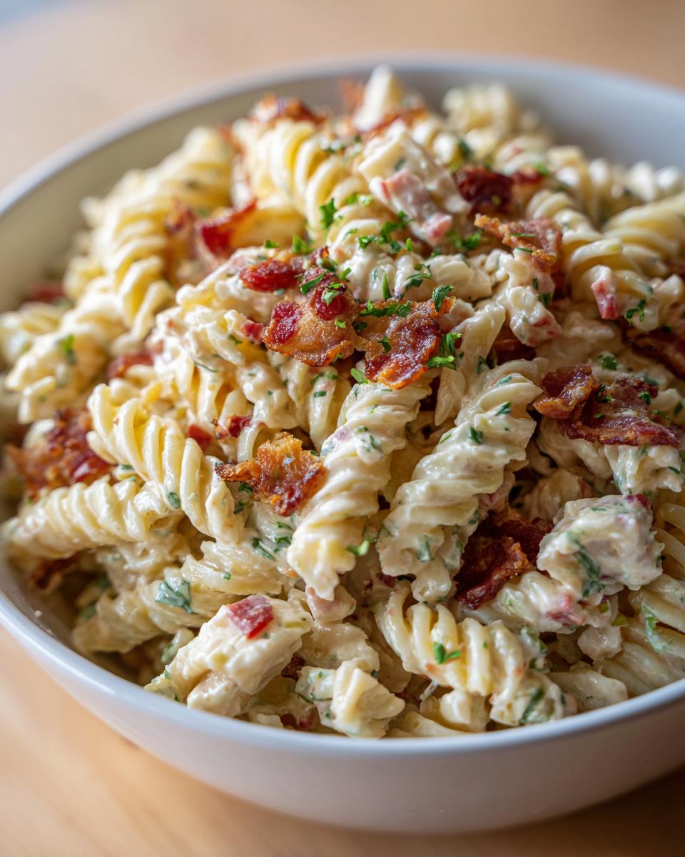 Amazing pasta salad bacon ranch recipe 7 Close-up of a bowl filled with delicious pasta salad bacon ranch, showing pasta, bacon, and creamy dressing.