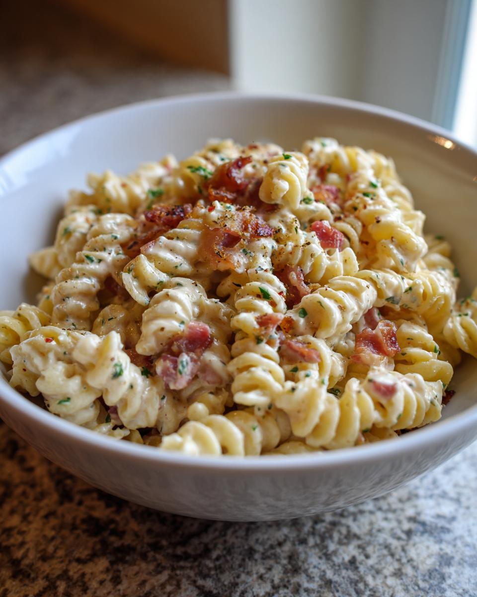 Amazing pasta salad bacon ranch recipe 9 Close-up of a bowl of pasta salad bacon ranch with bacon crumbles and herbs.