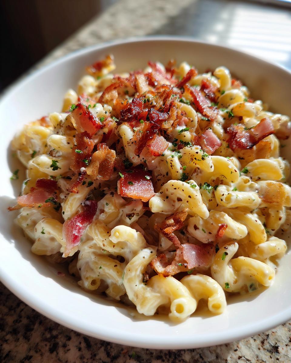Amazing pasta salad bacon ranch recipe 10 Close-up of a bowl of pasta salad bacon ranch with bacon crumbles and herbs.