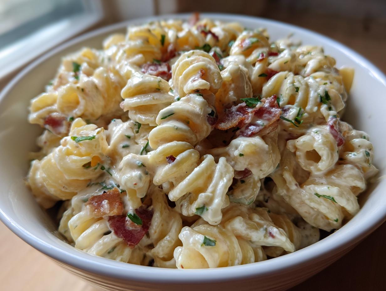 Amazing pasta salad bacon ranch recipe 6 Close-up of pasta salad bacon ranch in a white bowl, showing pasta, bacon, and creamy dressing.
