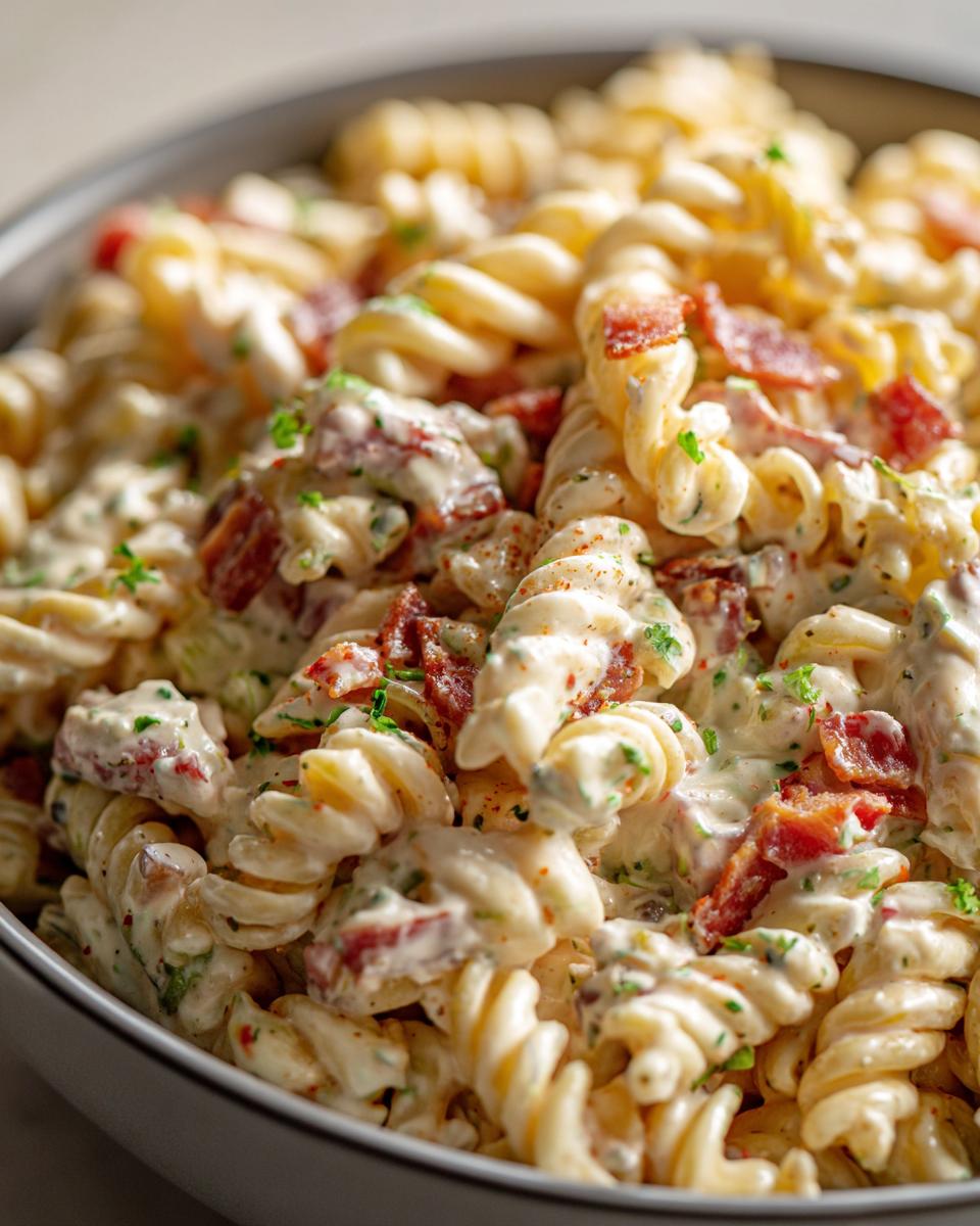 Amazing pasta salad bacon ranch recipe 8 Close-up of a bowl of pasta salad bacon ranch with bacon crumbles and creamy dressing.