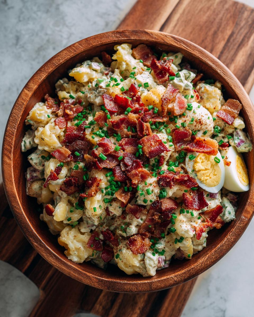 Pasta salad bacon in a wooden bowl, topped with crispy bacon and chives.