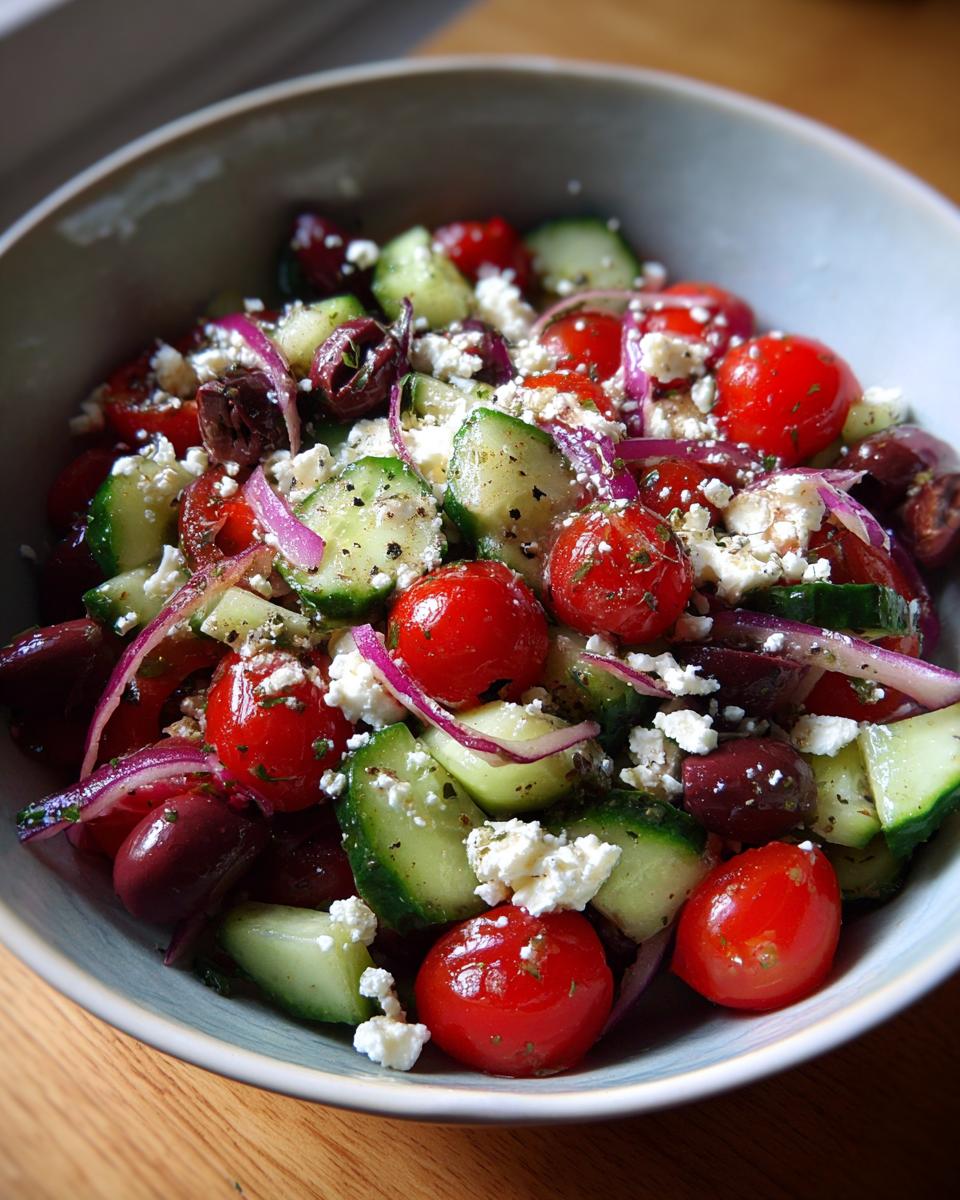Amazing pasta salad balsamic: 1 hour chill 8 Close-up of a pasta salad balsamic with tomatoes, cucumbers, olives, and feta cheese.