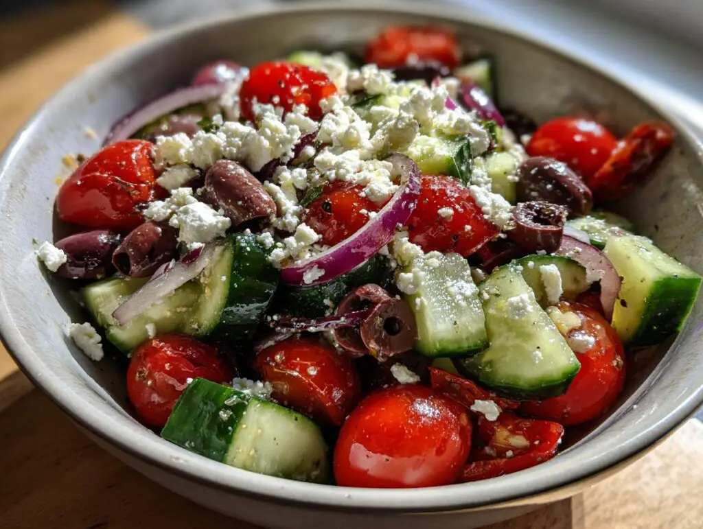 Close-up of pasta salad balsamic with tomatoes, cucumbers, olives, red onion, and feta cheese.