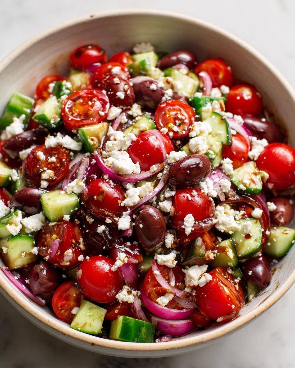 Amazing pasta salad balsamic: 1 hour chill 10 Close-up of a pasta salad balsamic with tomatoes, olives, cucumbers, and feta cheese.