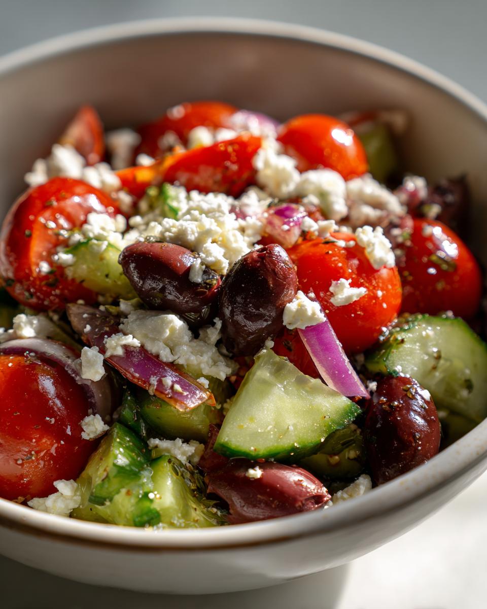 Amazing pasta salad balsamic: 1 hour chill 7 Close-up of a pasta salad balsamic with tomatoes, olives, cucumbers, and feta cheese.