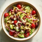 Amazing pasta salad balsamic: 1 hour chill 11 Overhead shot of pasta salad balsamic with tomatoes, cucumbers, olives, and feta in a bowl.
