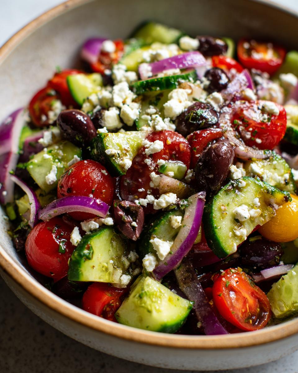 Amazing pasta salad balsamic: 1 hour chill 9 Close-up of a pasta salad balsamic with tomatoes, cucumbers, olives, and feta cheese.